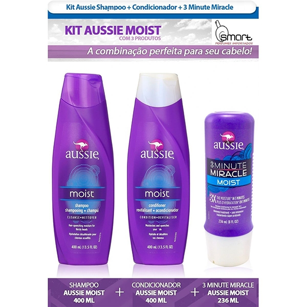 Seu cabelo com efeito de salão! Kit Aussie Moist com Shampoo + Condicionador + Máscara (3 minute miracle) por R$119 em até 12x*