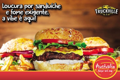 Para você que ama burger artesanal! 01 Hambúrguer Sidney por apenas R$9,99 no Austrália Burger and Soup (Truck Ville)