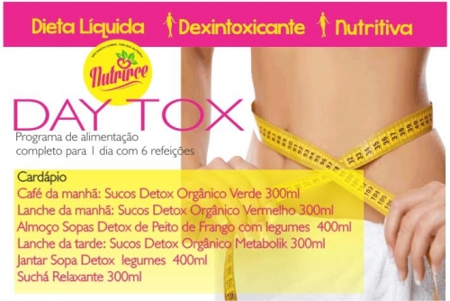 Daytox 1 dia (3 sucos detox 500ml, 2 sopinhas detox 400ml e 1 Sucha de 500ml) de R$60 por R$45 