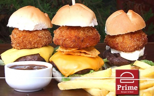 As perfeitas combinações do Prime Burger! Trio Baby Burger (Mini Classic Burger + Mini Cheddar Calabrés + Mini Blue Burger) + Batata e Molho por R$19,90